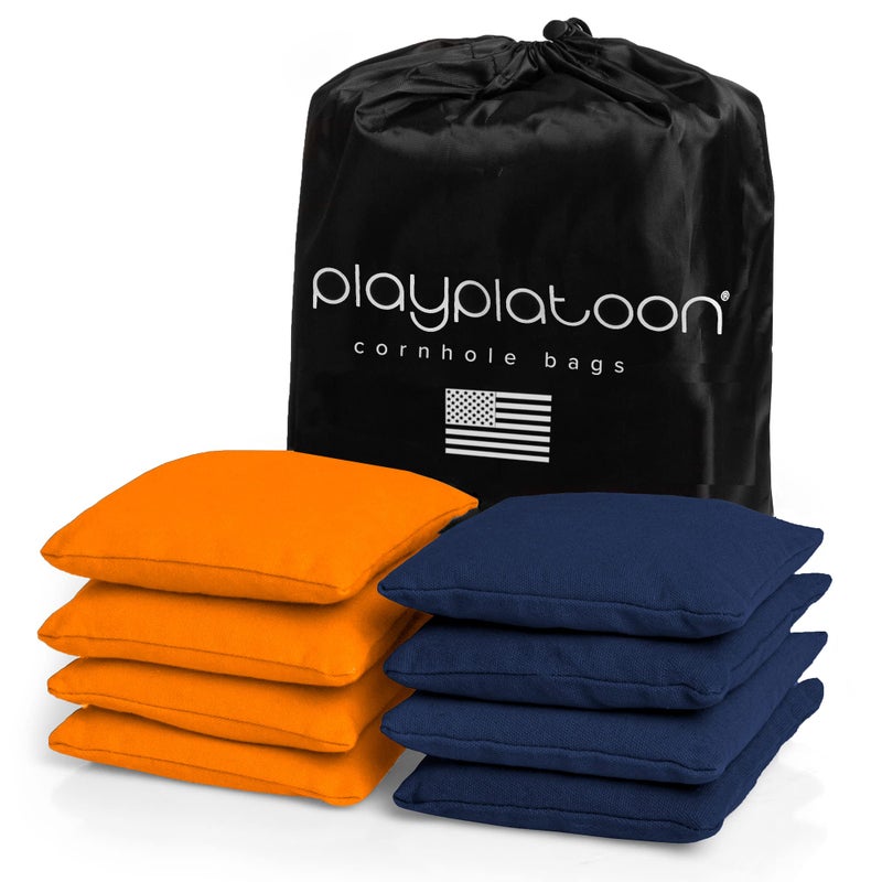 Play Platoon أكياس كورنهول مقاومة للعوامل الجوية من بلاي بلاتون - مجموعة من 8 بحجم تنظيم - برتقالي وأزرق بحري - قماش بطاني متين للعبة الرمي، تشمل حقيبة حمل - Image 1